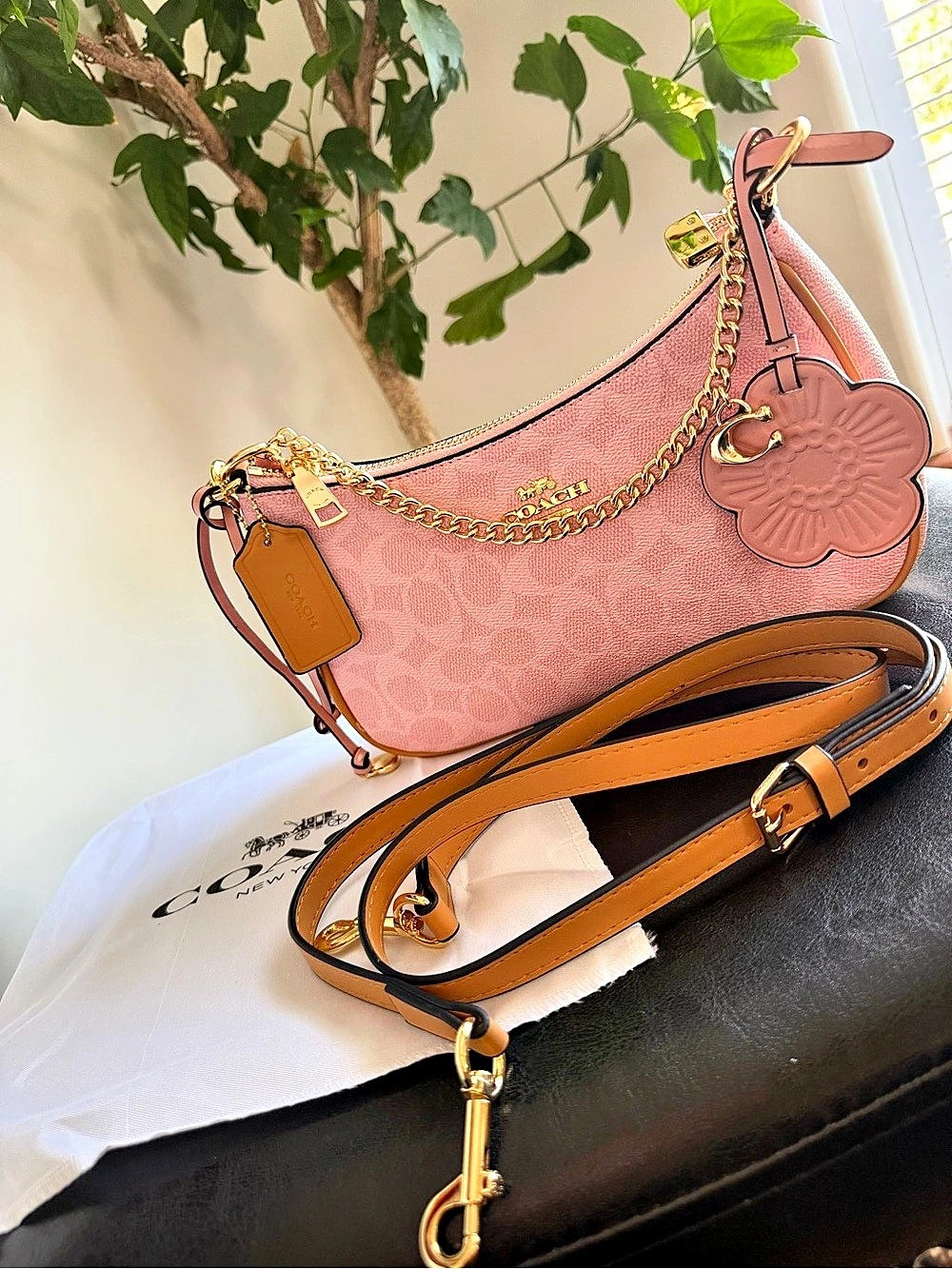 Coach Teri Shoulder Bag in Signature Canvas with Charms Pink & Brown